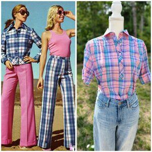 Authentic Vintage 70's pastel Preppy Plaid Cuffed sleave button up top shirt